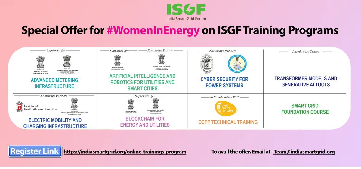 #WomenInEnergy! Unleash the potential of diversity and inclusion with our exclusive offer. Join #ISGF for success in the energy sector. Empower your journey now!

Avail 50% discount on ISGF Online #Training Programs 
🔗:  ow.ly/SffQ50Nyflu | 📧 Team@indiasmartgrid.org