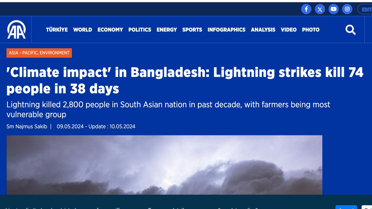 Lightning now kills more people than floods in Bangladesh. 11 people died and 9 were injured in a single day this month. People in Bangladesh are 30 times more likely to be killed by lightning than people in the US. Lots of factors, climate change exacerbating them all.