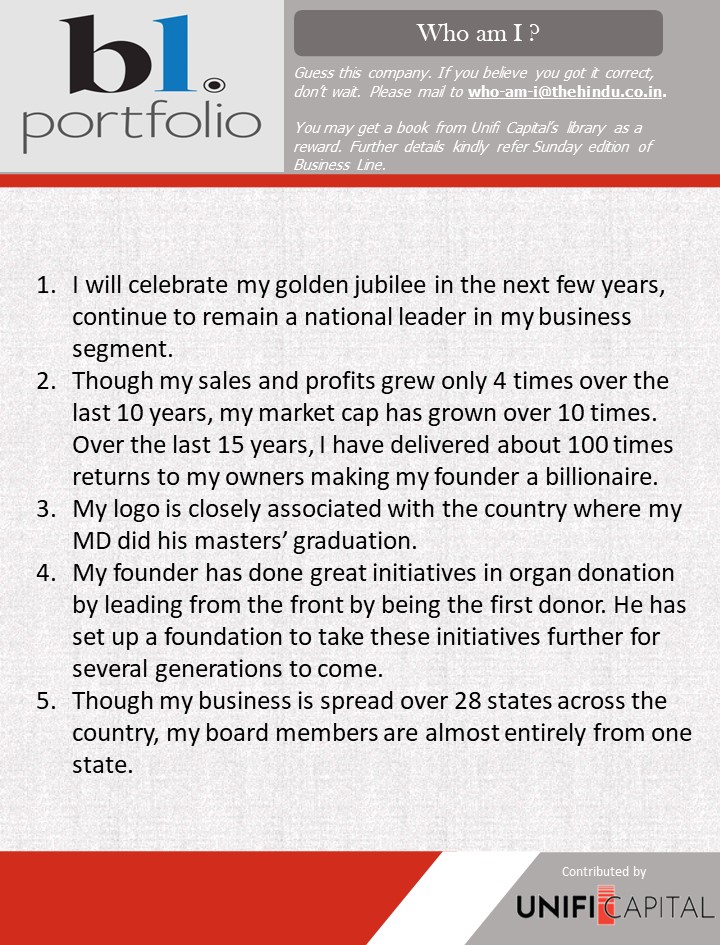 Hi Guys, Thank you for your active participation.

Guess this company, based on the clues given below.    Winners will get a book from Unifi Capital's library of title collections.

<a href="/businessline/">businessline</a>

<a href="/BlPortfolio/">BL Portfolio</a>