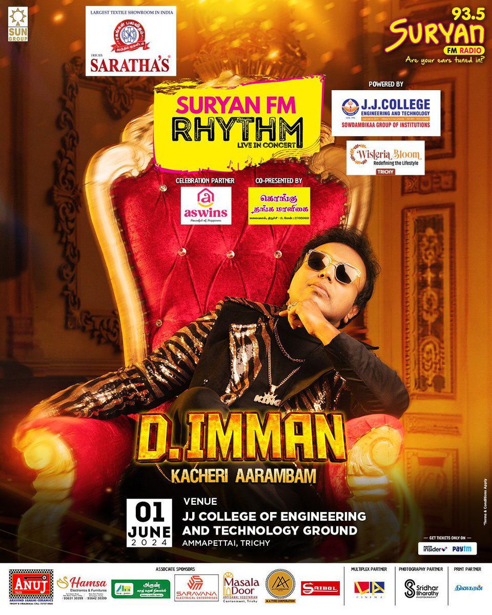 Trichy, I'm coming to you LIVE for the #KacheriAarambam Concert on June 1st!  Get your tickets now and join me for an unforgettable night of music. 

@SuryanFM @SunMusic

#DImman #Trichy #KacheriAarambam #ImmanMusical #JJCollege #SuryaFMRhythmLive