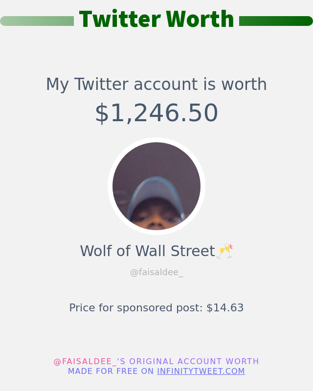 My Twitter worth is: $1,246.50

➡️ infinitytweet.me/account-worth