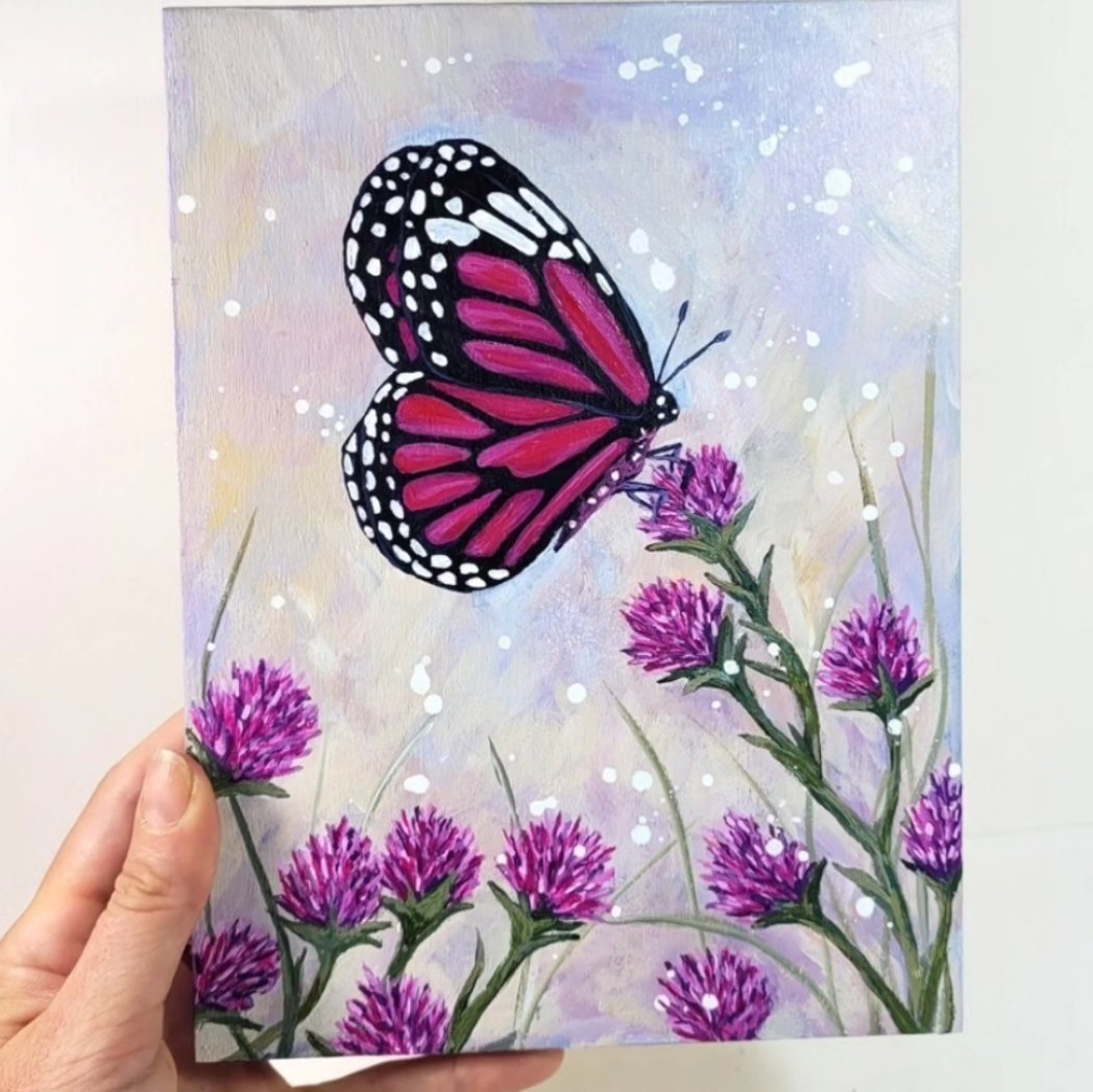 Butterfly art to decorate your space. 🦋🪻 Acrylic on cradled wood board (Available) #art #painting #fineart #butterfly #butterflies #thistle #garden #naturelovers