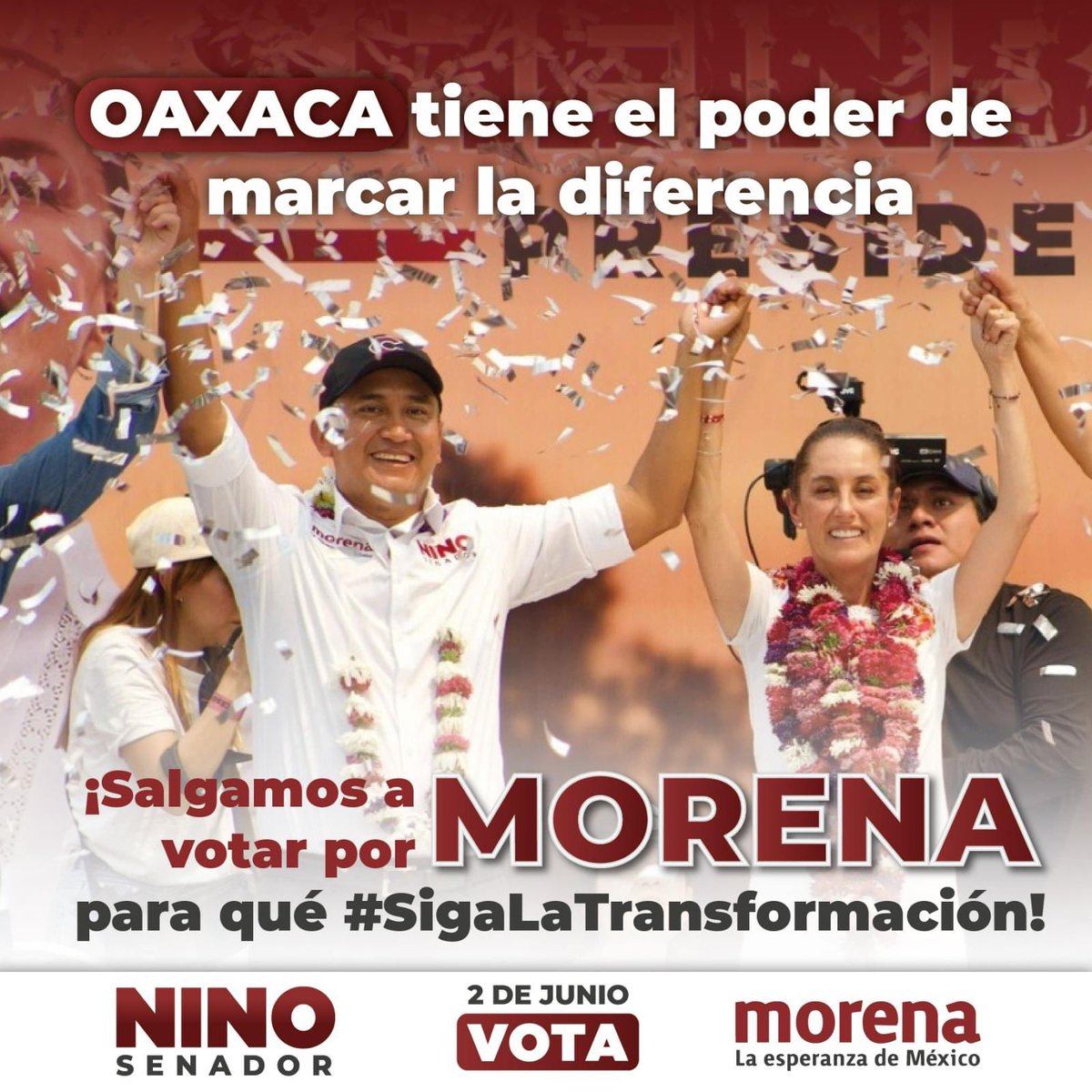 #Elecciones2024 Ing. @Nino_Morales1 Candidato de Morena al Senado de la República. 👇👇👇👇 Nuestro presidente y nuestra candidata a la presidencia, la Dra. Claudia Sheinbaum, saben que Oaxaca es un ejemplo de apoyo al proyecto de la transformación, y este 02 de julio lo vamos…