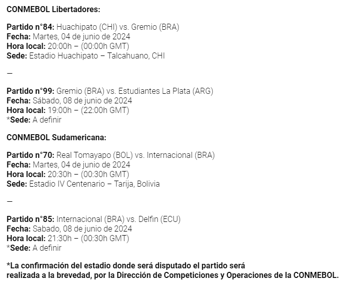 Novas datas anunciadas pela Conmebol para os jogos de Grêmio e Internacional na Libertadores e Sul-Americana. Sedes dos jogos com mando da dupla ainda a definir.