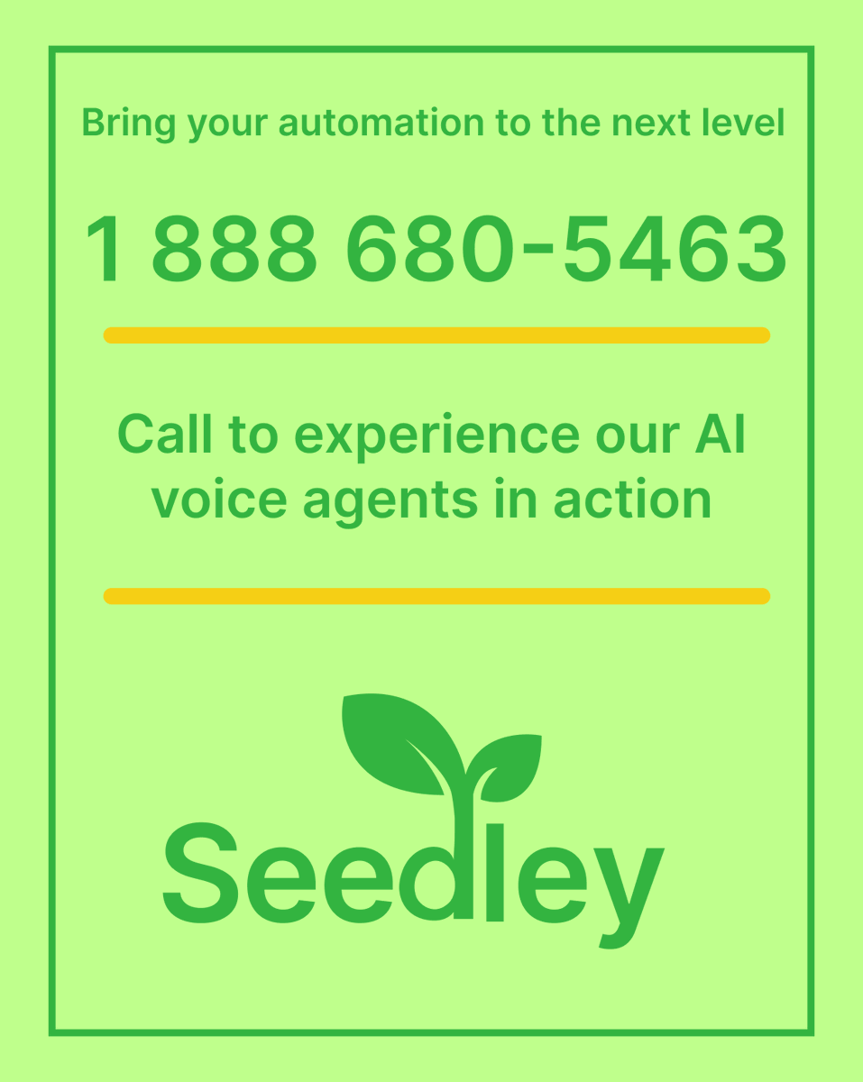 Need an extra to handle your inbound phone calls? 

Sick of outbound calling?

Try Seedley's voice AI for yourself by calling 888 680 5463

Even better signup at seedley.net/signup today to get a free credit.

#buildinpublic #staterstory #aiautomation #smallbusiness