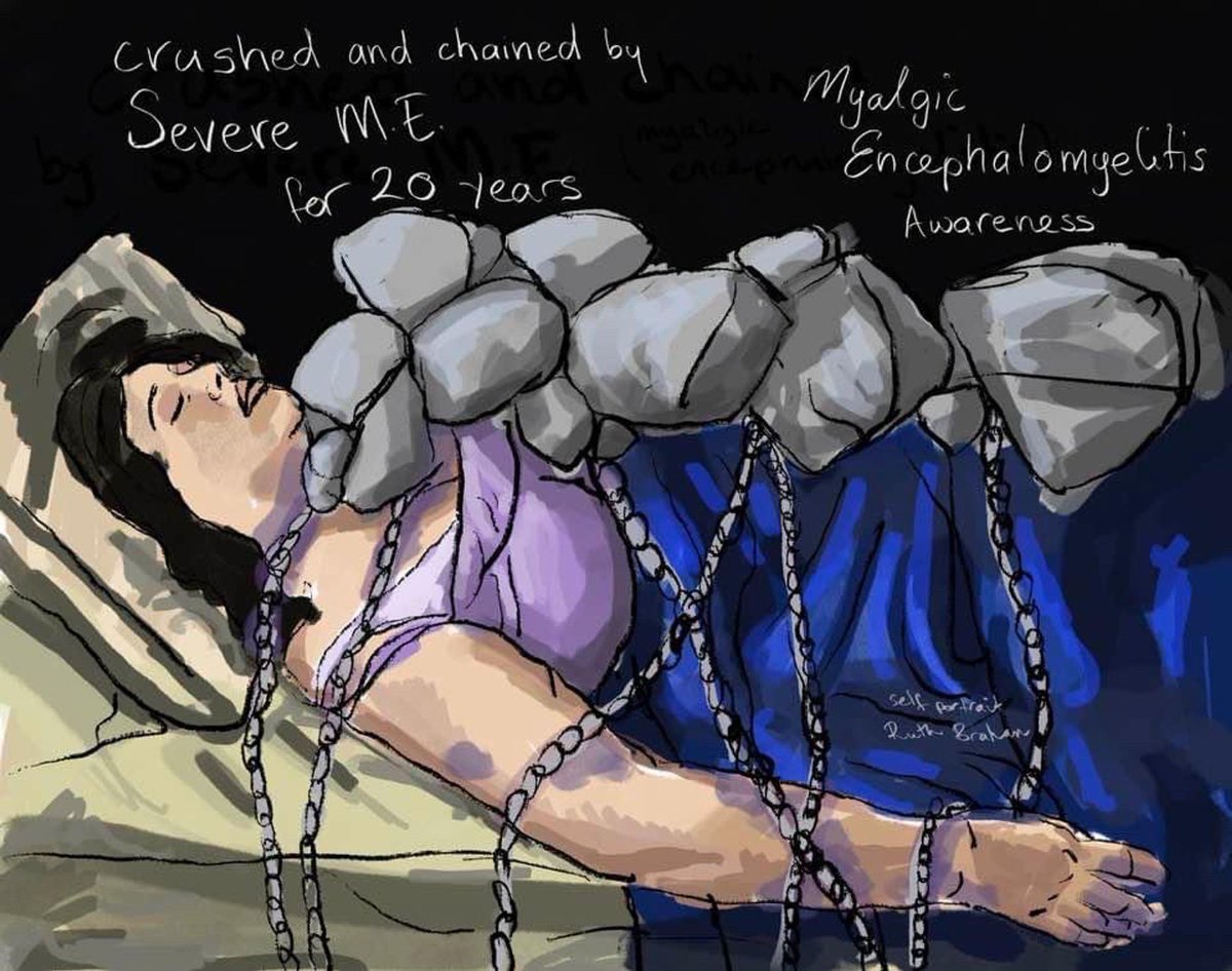 Crushed and chained by #SevereME for 20 years. Self portrait by @RuthBraham #pwME #MyalgicEncephalomyelitis #WorldMEDay #MEAwarenessDay #MillionsMissing