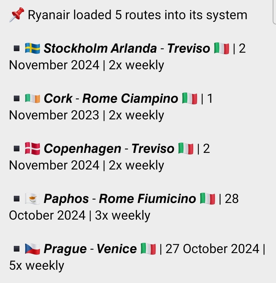 #Ryanair loaded 5 routes into its system. 📷 ©Boeing ▪️🇸🇪 Stockholm Arlanda - Treviso 🇮🇹 ▪️🇮🇪 Cork - Rome Ciampino 🇮🇹 ▪️🇩🇰 Copenhagen - Treviso 🇮🇹 ▪️🇨🇾 Paphos - Rome Fiumicino 🇮🇹 ▪️🇨🇿 Prague - Venice 🇮🇹 Source: @SeanM1997 #aviation #AvGeek #avgeeks #flights #Travel #traveler