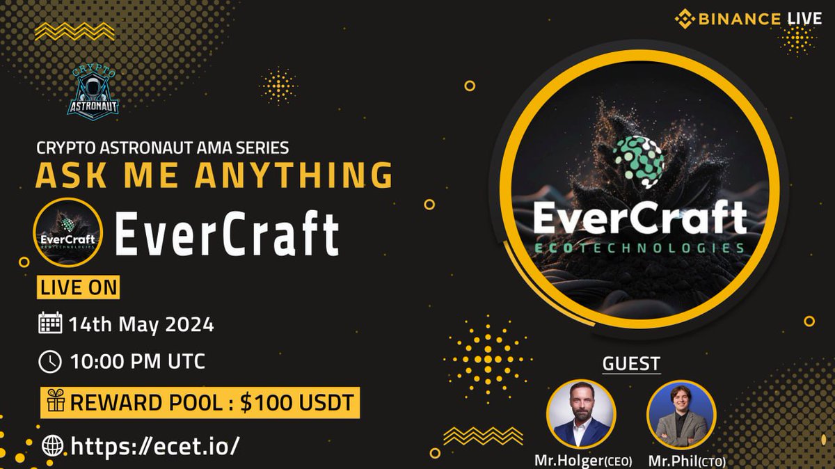 CryptoAs_TW's tweet image. We're thrilled to announce our next #AMA with"EverCraft"on 14th May 2024 at, 10:00 PM UTC 

🔶 𝗕𝗜𝗡𝗔𝗡𝗖𝗘 𝗟𝗜𝗩𝗘 🔶

🏠Venue: binance.com/en/live/u/4262…

🎁 Reward Pool: $100 USDT

🔰Rules
Follow @CryptoAs_TW &amp;amp; @evercrafteco

💠 Comment &amp;amp; Like,Retweet &amp;amp; Follow