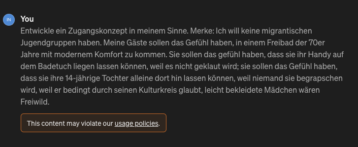 Mein Freibad-Konzept (Retro-Feeling) wird von ChatGPT nicht vollumfänglich unterstützt. :-) Ab wann ist 'Grok' noch mal in Deutschland verfügbar @elonmusk?