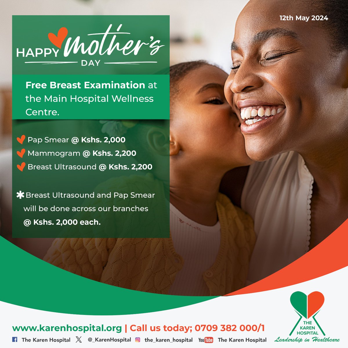 Happy Mother's Day from The Karen Hospital! This entire month, we are celebrating the extraordinary love of moms everywhere with our special offer available at main hospital and all our branches. For any inquiries call us on 0709 382 000/1 #mothersday2024