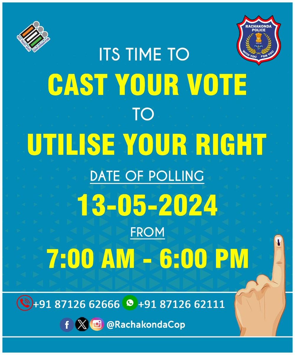 Its time to #CastYourVote to utilise #YourRight Date of Polling: 13.05.2024 from 7am to 6pm. #Elections2024 #Vote #Responsibility #YourVoteYourFuture #yourvoteyourduty