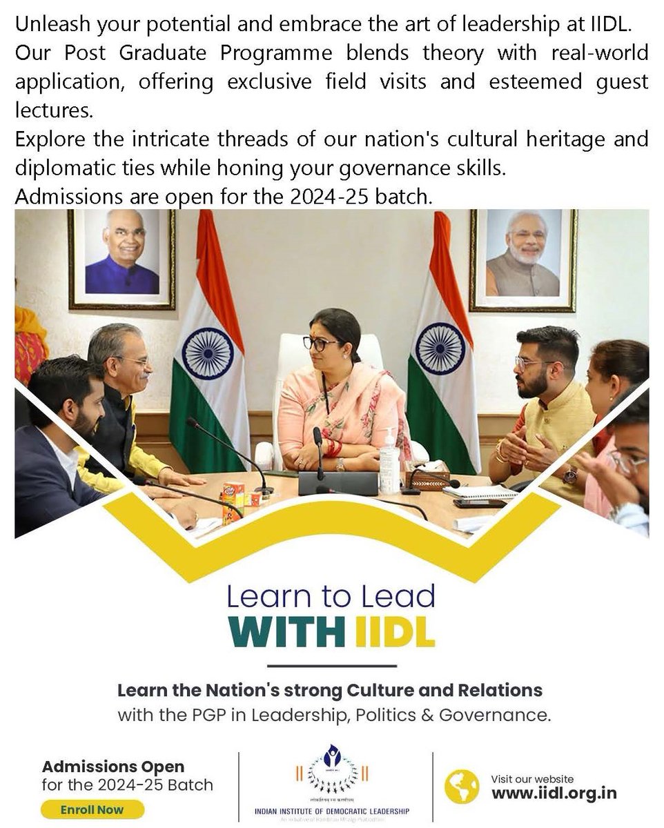 Apply now! For admission details, visit: iidl.org.in/apply-now/ #Leadership #PublicPolicy #Government #LeadershipProgram #YouthInPolitics #GoodGovernance #FutureLeaders #Leadership #Development #LeadersOfTomorrow #DemocraticLeadership #SmritiIrani #Culture #Minister