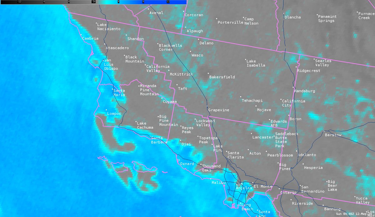 Here's a graphic of current clouds (shown in bright blue), marine layer clouds are expected to continue to creep inland into the valleys and foothills overnight. #CAwx #SpaceWeather
