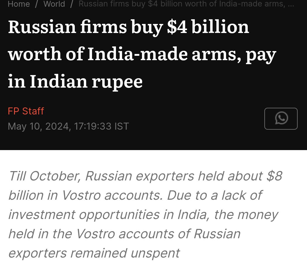 Russian firms buy 4 Billion worth Indian made arms, paid in Indian rupees. 
This is how dedollarization is going on. All moves are planned perfectly. 

Indians have no idea how the world and country will change if this same gov is kept in the center.