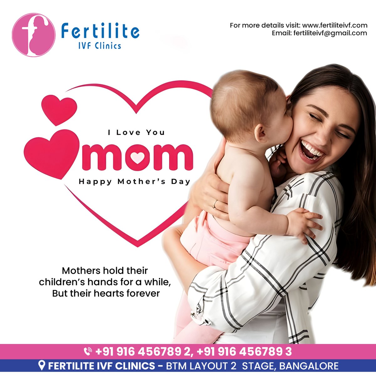 🌸 Happy Mother's Day 🌸

Celebrate the unbreakable bond between you and your mom with FERTILITE IVF CLINICS! 💖

📞 +91 916 4567892, +91 916 4567893
🌐 fertiliteivf.com
✉️ fertiliteivf@gmail.com

#MothersDay #FertiliteIVF #IVFJourney #BangaloreIVF #MotherhoodJourney