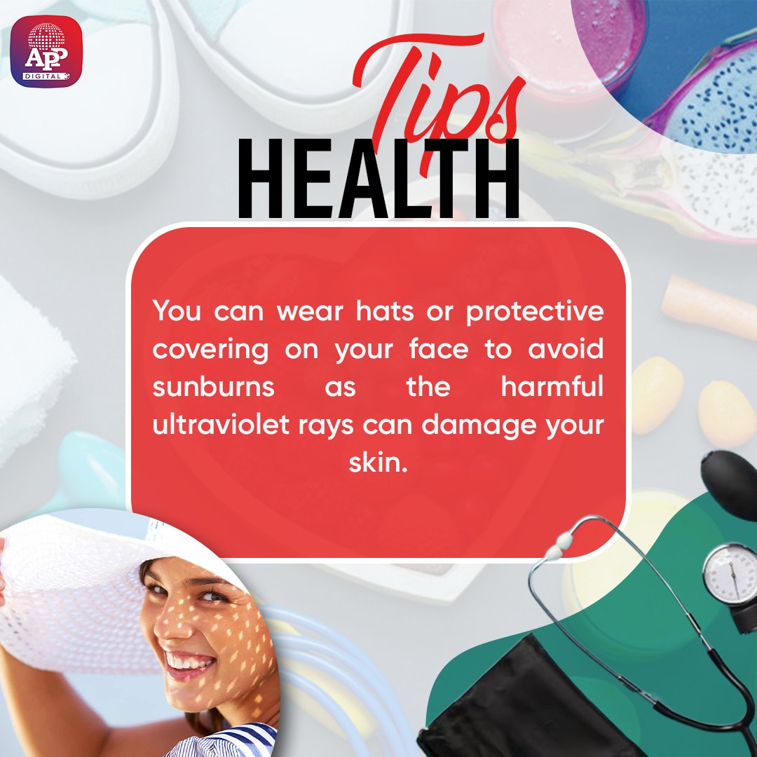 You can wear hats or protective covering on your face to avoid sunburns as the harmful ultraviolet rays can damage your skin.

#Health #HealthForAll #healthcare #Skin #healthtips #healthylifestyle #healthyliving #fitness #healthy #healthiswealth #healthylife #skincare #beautytips…