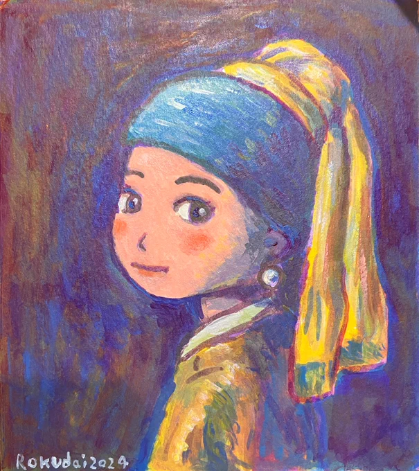 アックスフリマで描いたよ。似顔絵じゃなくて名画の模写だけど。フェルメールと青木繁とクラムスコイの模写を頼まれて描きました。気に入ったのが描けました。黒と茶色の絵の具を忘れたのが逆によかった。 