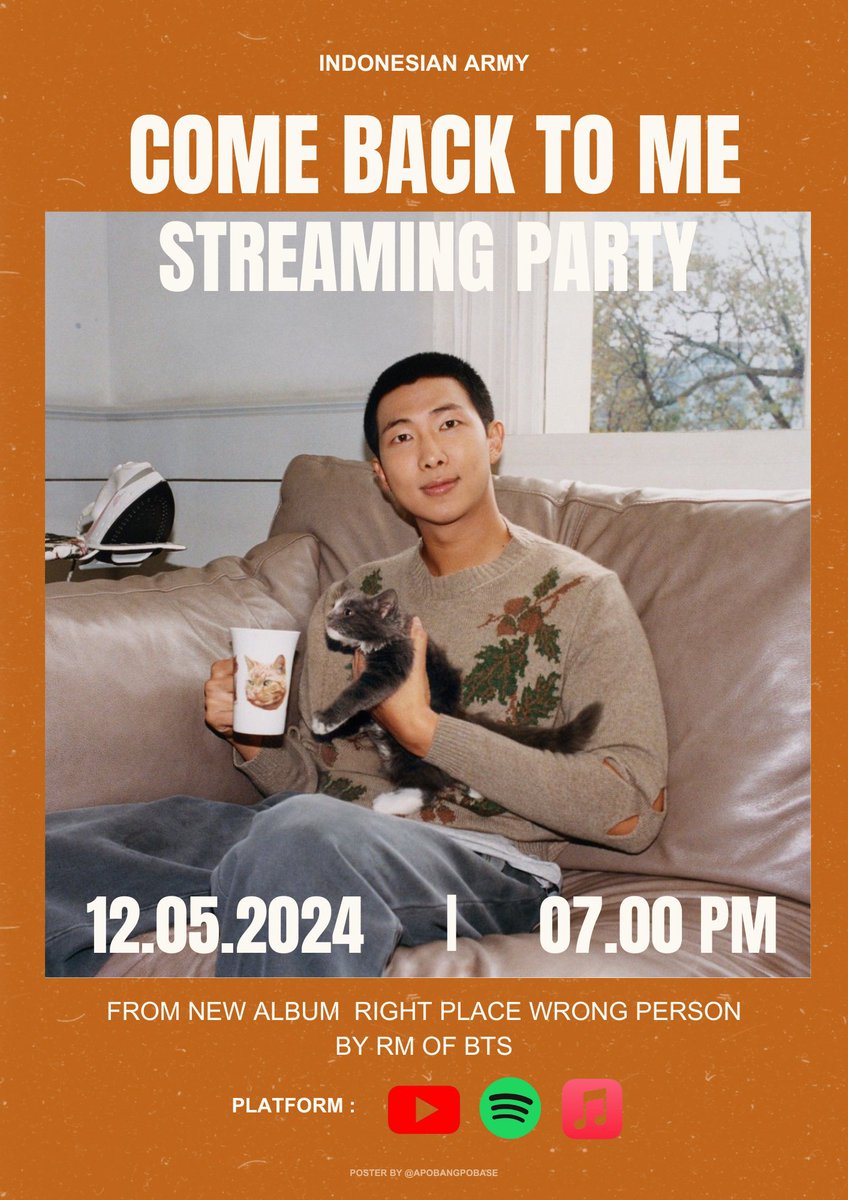🥳 CALLING ALL ARMYs 🥳 LET’S JOIN STREAMING PARTY COME BACK TO ME 🔥 🗓 minggu, 12 mei 2024 • mass trend: jam 6 sore wib • mass streaming: jam 7 malem wib stay tuned! 😍🤍 #ComeBackToMe #RightPlaceWrongPerson #RM @BTS_twt