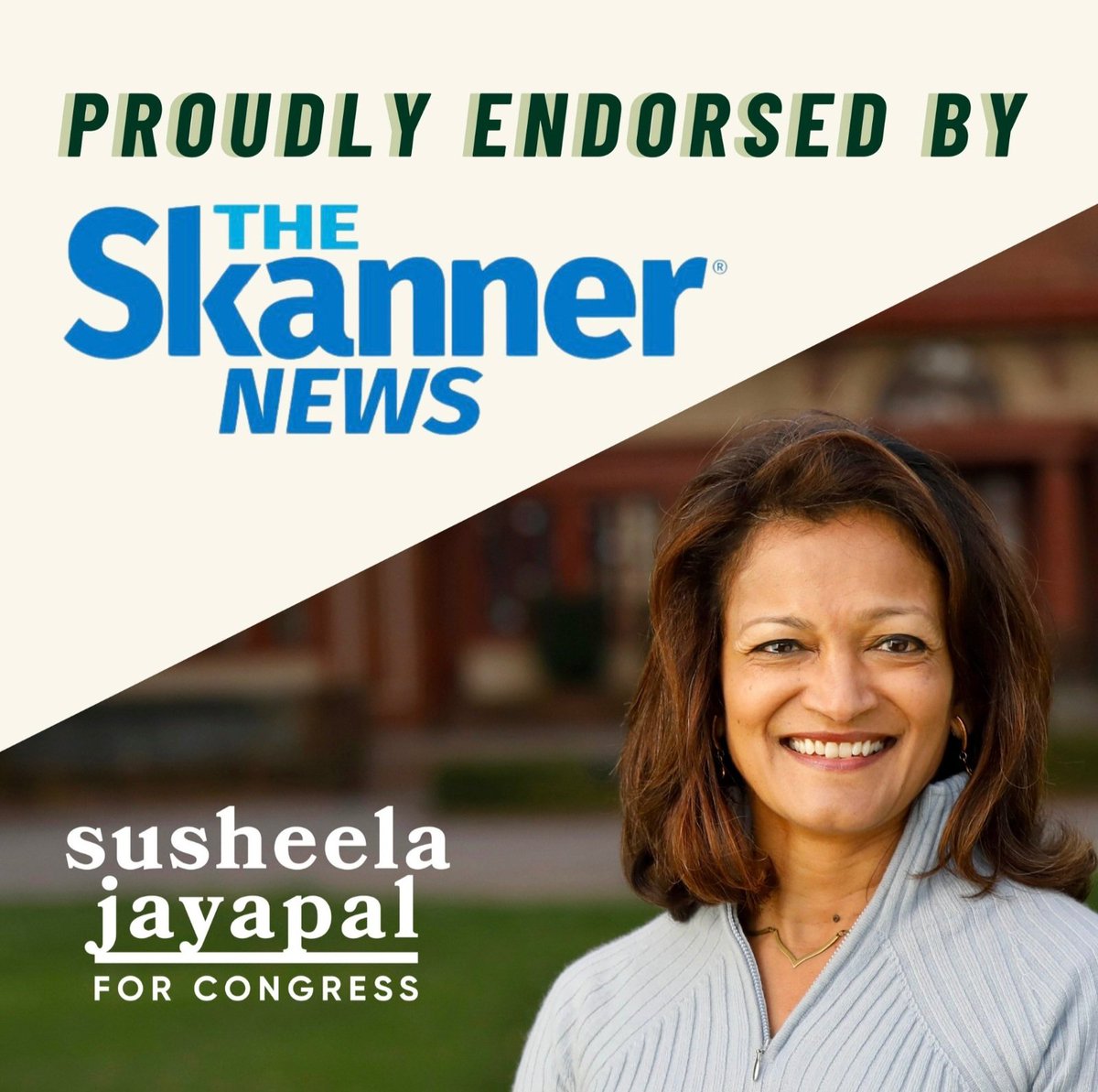 Another great Endorsement For 0R-03's Democratic Candidate Susheela Jayapal susheelaforcongress.com!!!  Susheela is the Candidate we can trust to fight for our Rights and reject corporate and foreign influence.  Let's help her win!
#DemVoice1. #VoteBIGBlue. #ProudBlue