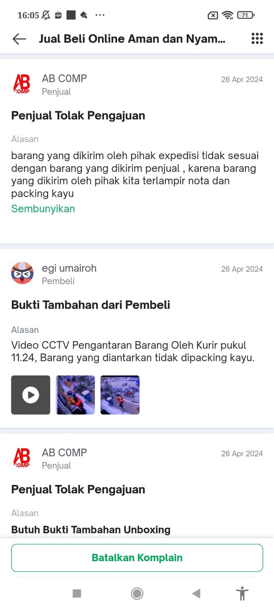 nadyakhair's tweet photo. Awalnya, Penjual menolak komplainan saya dengan alasan paket yg saya unboxing tidak sama dengan yg mereka kirimkan, untungnya saya punya rekaman CCTV saat kurir mengantarkan paket ke tempat saya, dan langsung saya lampirkan kembali di pusat resolusi https://t.co/g3sLZBxM0e