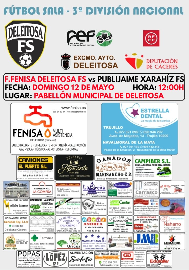 HOY JUGAMOS |

Nos despedimos de la 3ª División tras competir durante 12 temporadas en categoría nacional. Última jornada de liga recibiendo a <a href="/PUBLIJAIMEFS/">PUBLIJAIME VILLA XARAHÍZ FS</a> en un partido intranscendente donde intentaremos sumar una victoria y honrar la camiseta.

#SomosEquipo💪
#SomosDeleitosa💚