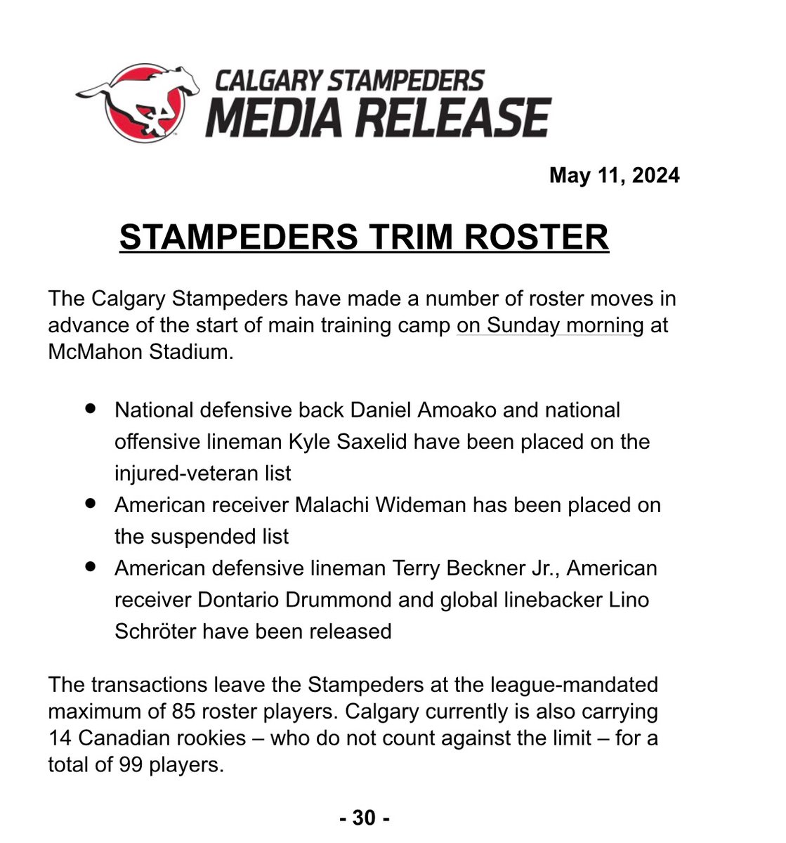 Stampeders make cuts ahead of main training camp opening on Sunday.