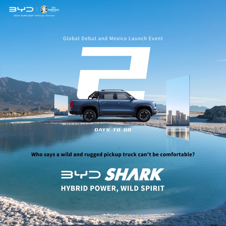 Only 2 days left until the BYD SHARK global debut and launch event in Mexico City, Mexico! Discover how we're redefining comfort in pickup trucks. 

🗓 May 14th at 10:30 AM (UTC-6)

#BYD #BuildYourDreams #BYDSHARK