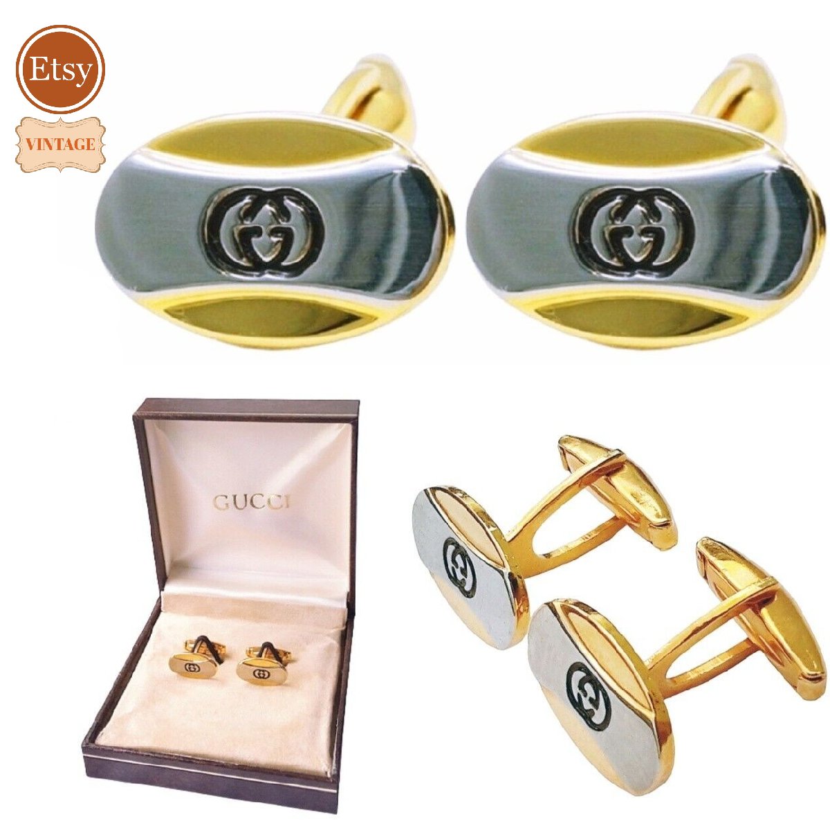 #Gucci #Cufflinks - NEW 80s #vintage - Gold/Silver Highly Polished - GG-Motif - Oval Design - Hallmarked - #Mensfashion Cuff Links #giftsforhim via #etsy #etsyshop #etsyseller shorturl.at/fAL59