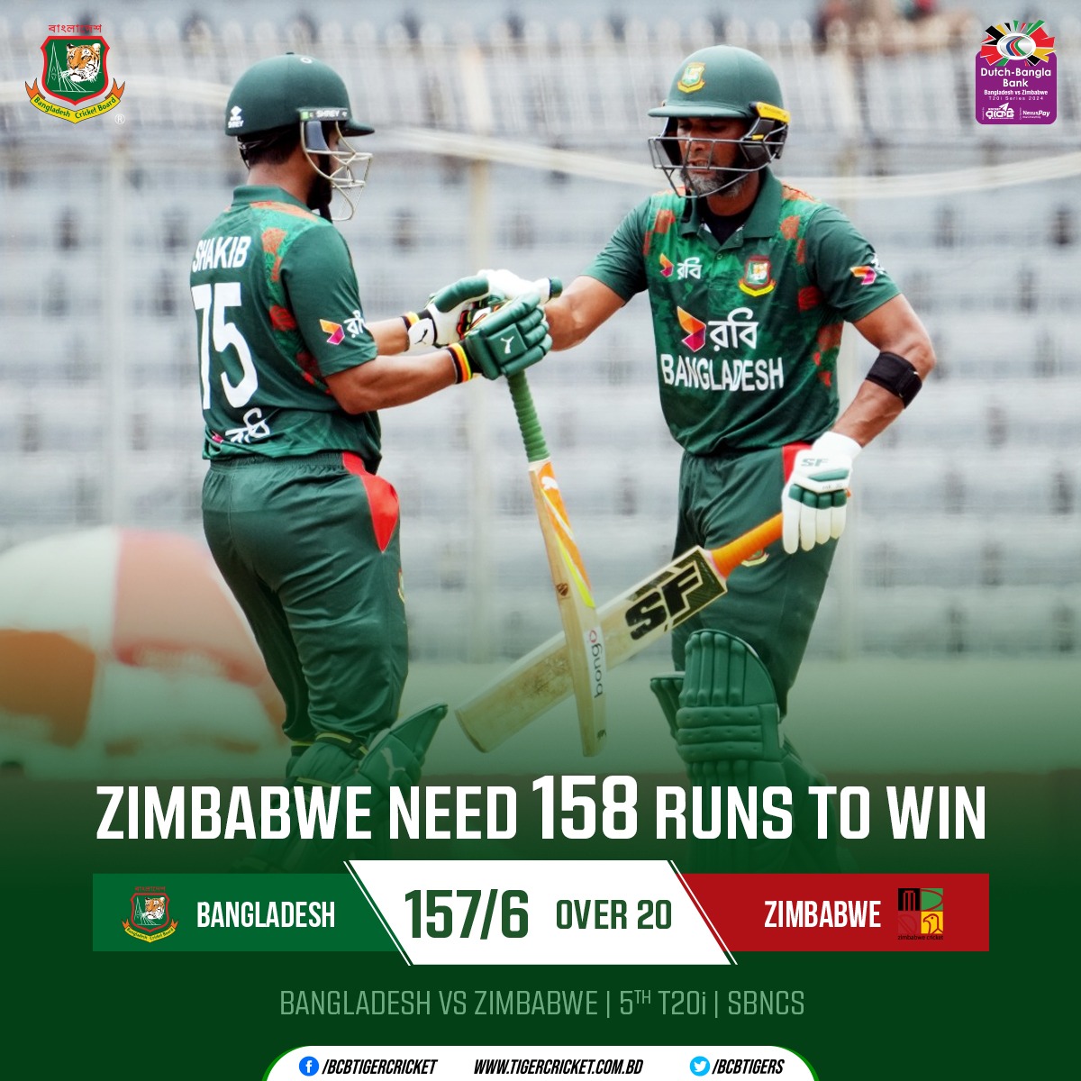 Dutch-Bangla Bank Bangladesh vs Zimbabwe T20i Series 2024 | 5th T20i Zimbabwe need 158 runs to win 🏏 Details 👉: tigercricket.com.bd/live-score/zim… #BANvZIM #BCB #Cricket #BDCricket #livecricket #Bangladesh