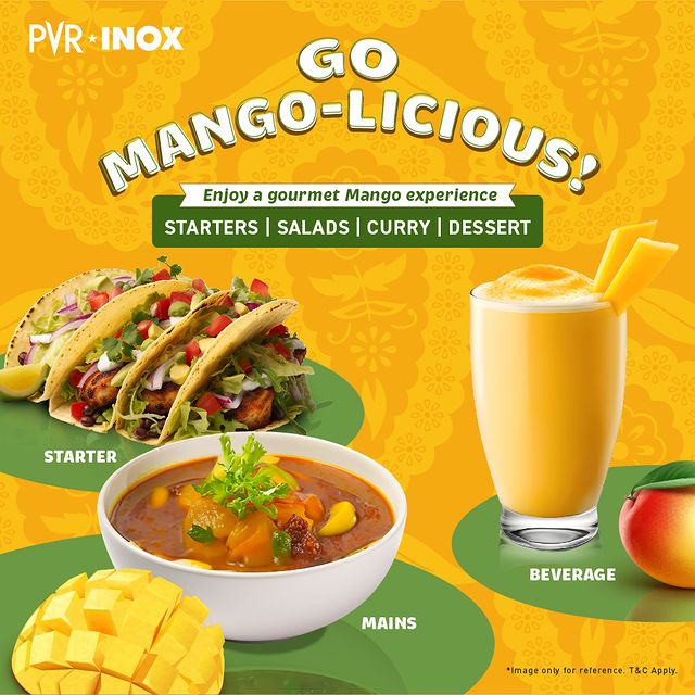 Indulge in a gourmet mango experience at PVR INOX! Tantalize your taste buds with our enticing mango-themed treats! 🥭 As we say it, go Mangolicious. . . . . #PVR #INOX #Mangolicious #Starters #Main #Beverage #Curry #Dessert #Salads