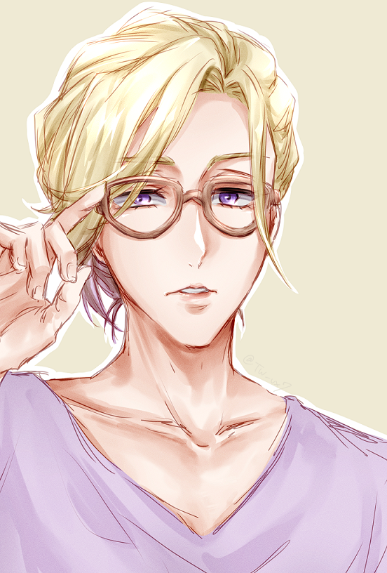 solo looking at viewer simple background shirt blonde hair 1boy purple eyes  illustration images