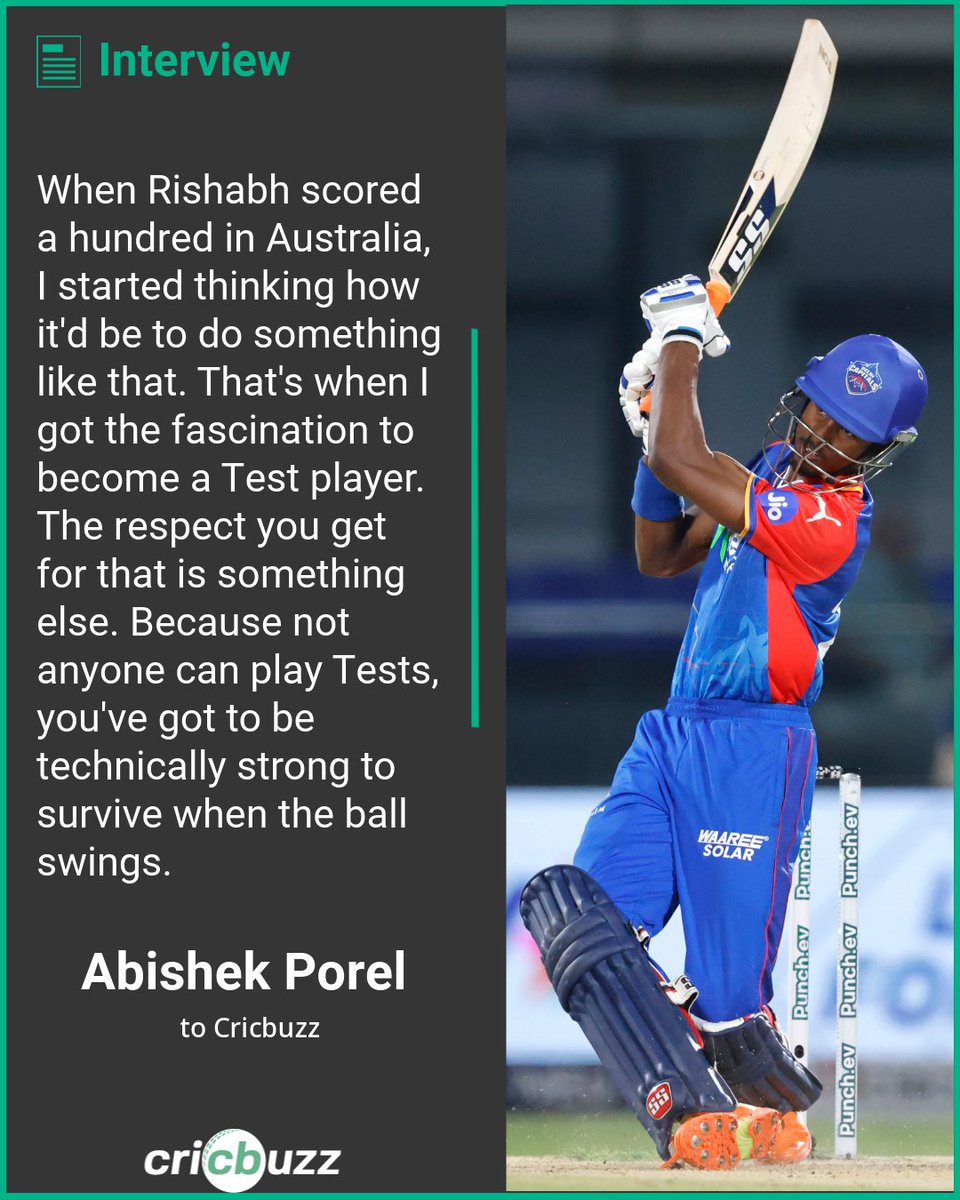 🚨 EXCLUSIVE INTERVIEW 🚨

Abishek Porel opens up to @ganeshcee on rising up the DC order, advice from Ganguly and Ponting, why Rishabh Pant inspires him to be a Test cricketer and more - cricbuzz.com/cricket-news/1…