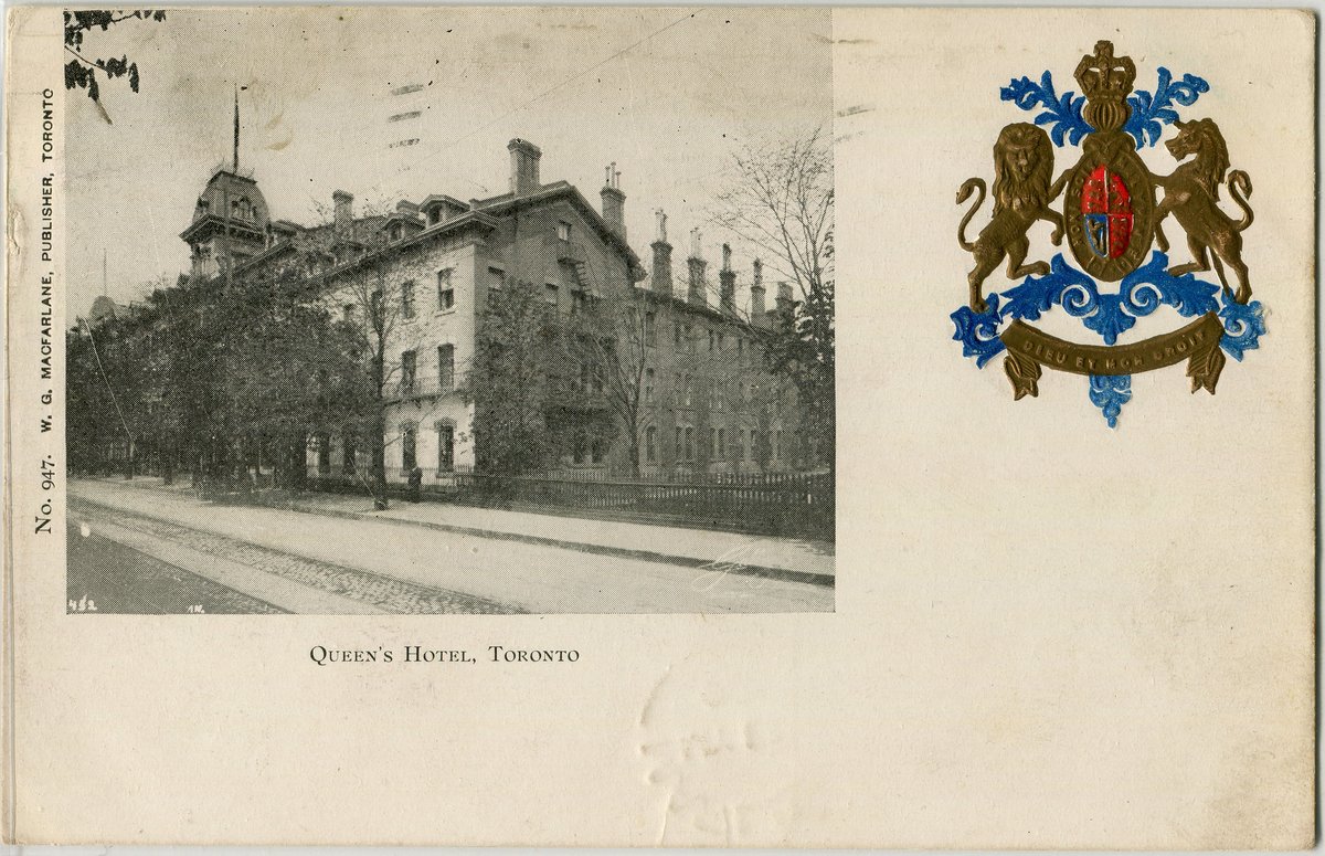 Spent most of the day on my presentation on Manitoba hotel postcards. Here's one from Toronto: the Queen's Hotel (by W. G. MacFarlane with the royal arms). Posted 12 May 1906 to Marlbank, Ont.: 'Princess Theatre / Dear Edna:- Mother and I are here waiting for curtain to rise.'