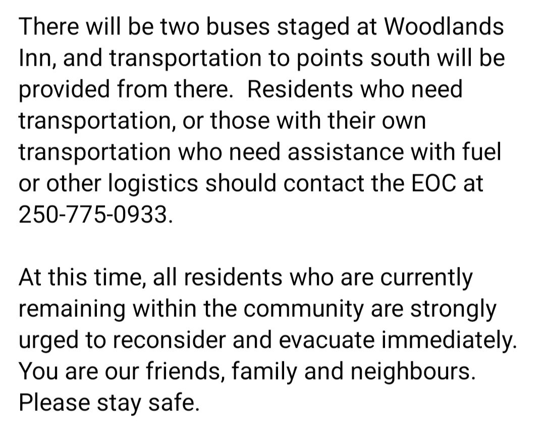 I know leaving your home & community is extraordinarily difficult. Please know the decision to issue an evacuation order is not done lightly. @NorthernRockies EOC has advised that anyone remaining in Fort Nelson has until noon tomorrow (Sunday) to receive evacuation assistance.