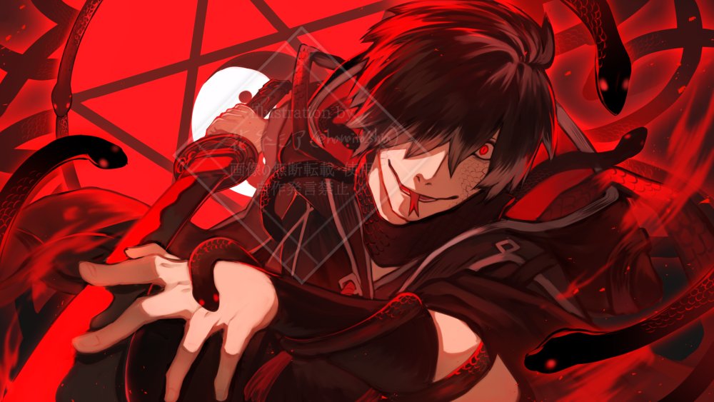 solo looking at viewer smile short hair black hair 1boy red eyes  illustration images