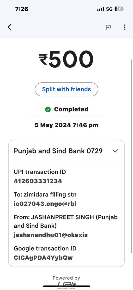 Made a payment to @IndianOilcl For rs 500 through @GooglePay . The money got debited from my account but didn't received at the petrol pump. I reached the bank @PSBIndOfficial. The employee told me that the payment done . But the merchant didn't received any payment @UPI_NPCI