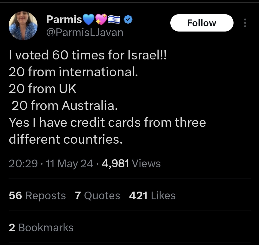 How did Israel get so many votes you ask?

You had people doing this type of thing. Then there was a large number of pro Modi Indian accounts rally together to vote Israel.

They had adverts in TIMES SQUARE.

The "rest of the world" part of the voting system is completely broken.