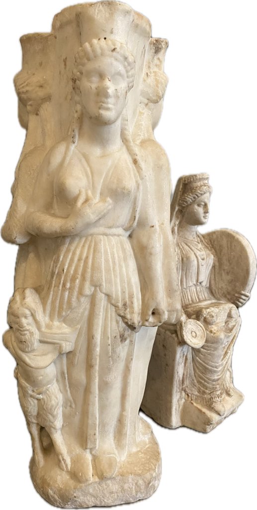 Statuette of the goddess Hecate.
Hecate was associated with boundaries, both physical (such as gateways) and symbolic (such as the boundary between the worlds of the living and the dead). This dedication shows her as a triple goddess to emphasise her connection with crossroads.