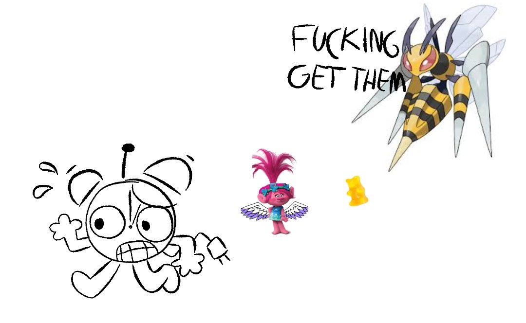 i had a dream where clock from itft was running away from princess poppy wkth wings and a yellow gummy thing because they trespassed some beedrill lookin mfs property