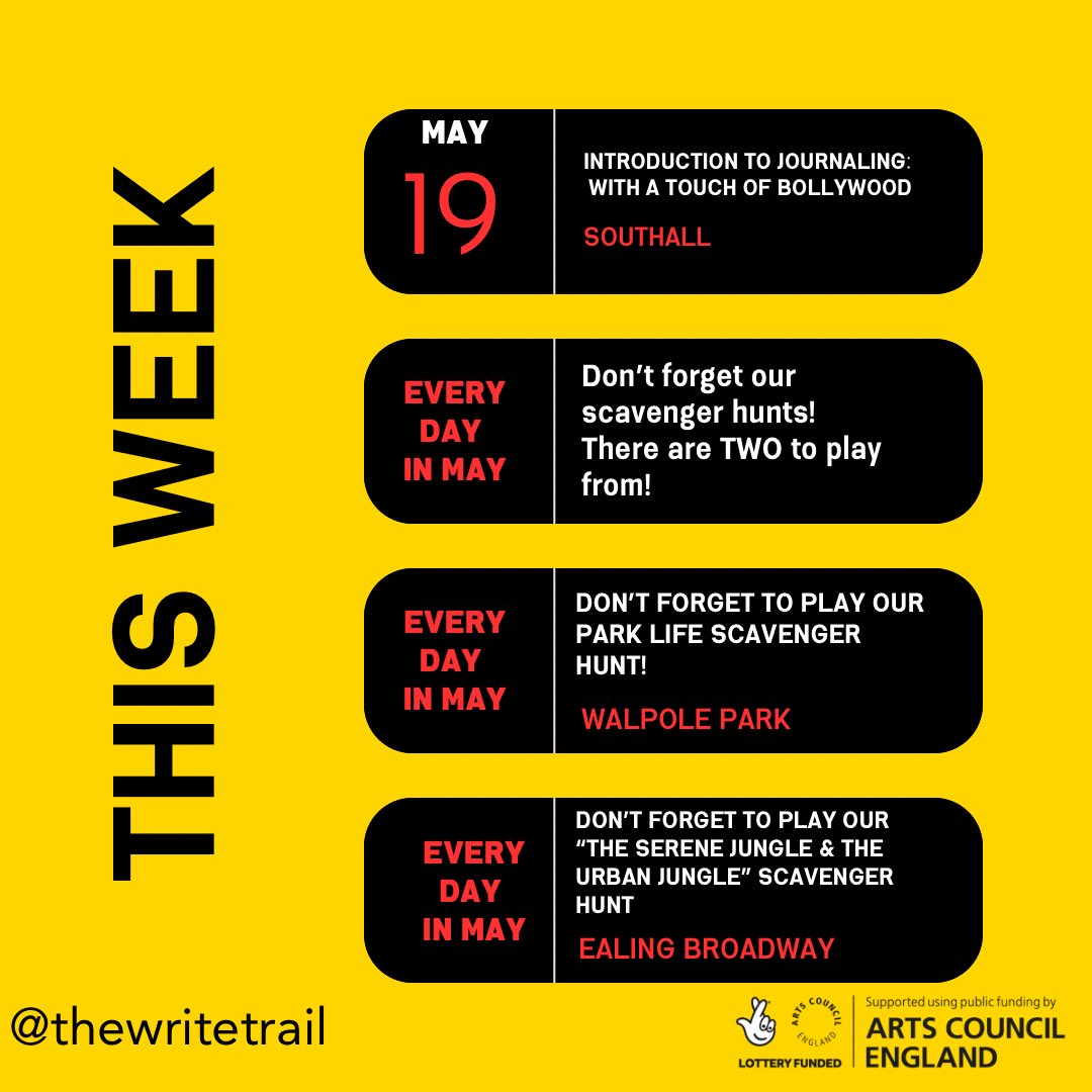 📣In case you missed it!📣

Here’s our schedule for EVERY DAY during #MentalHealthAwarenessWeek ⬇️ 

For more info/to book, visit: thewritetrail.co.uk 

#ACESupported #Creativity #CreativeHealth #Health #LetsCreate 

All made possible THANKS to @ace_national @ace__london