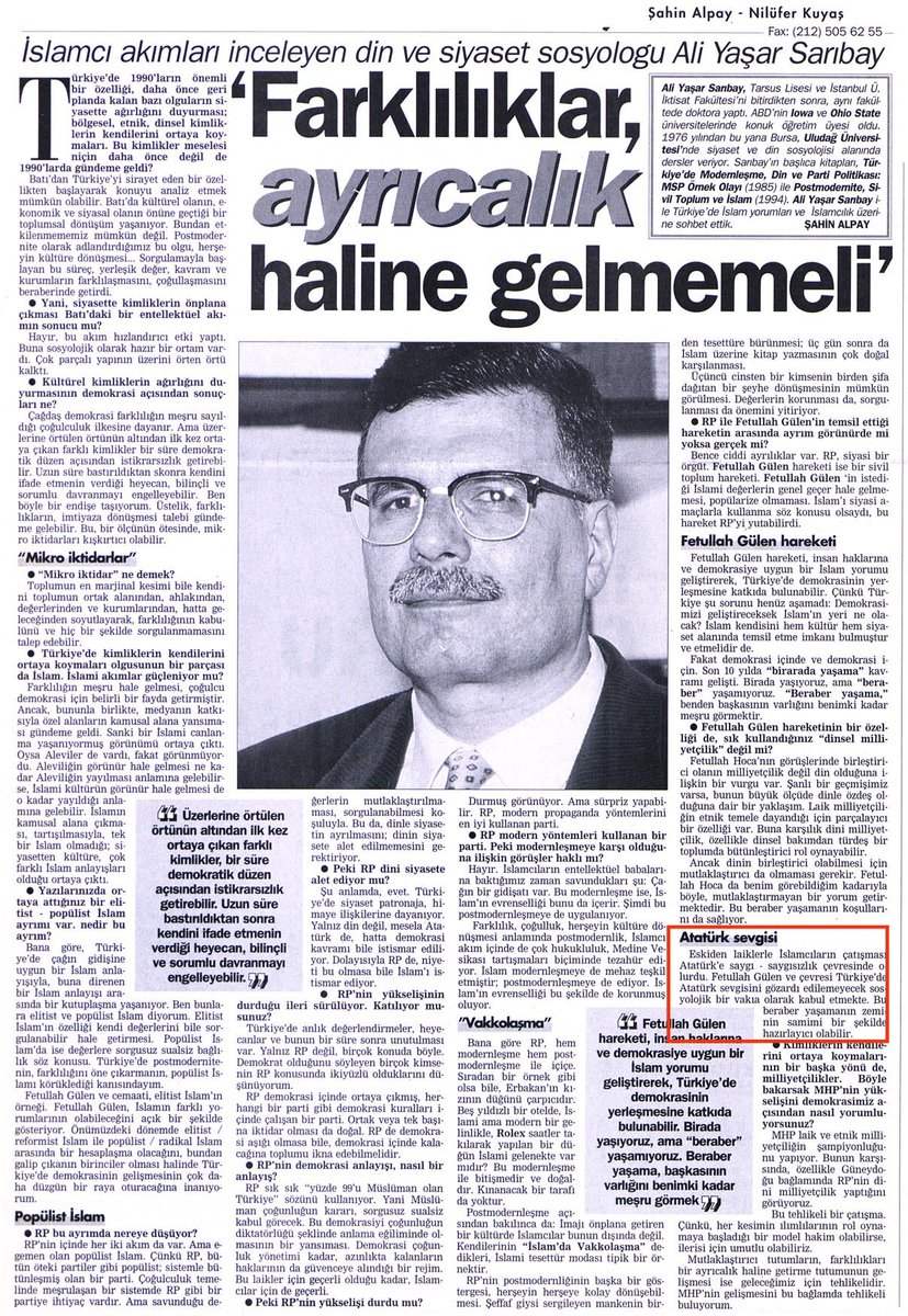 Fetullullah Gülen hareketinin bir diğer amacı; HEM KEMALİST HEM İSLAMCI zevatlar yetiştirmekti. Bu sebeple bir kişi kendisini hem İslamcı hem Atatürk'çü(!) olarak tanımlıyorsa dikkat etmek gerekir. . Bakın 18 Ekim 1995'de Milliyet'de Fetullullah Gülen hareketi nasıl tanıtılıyor👇