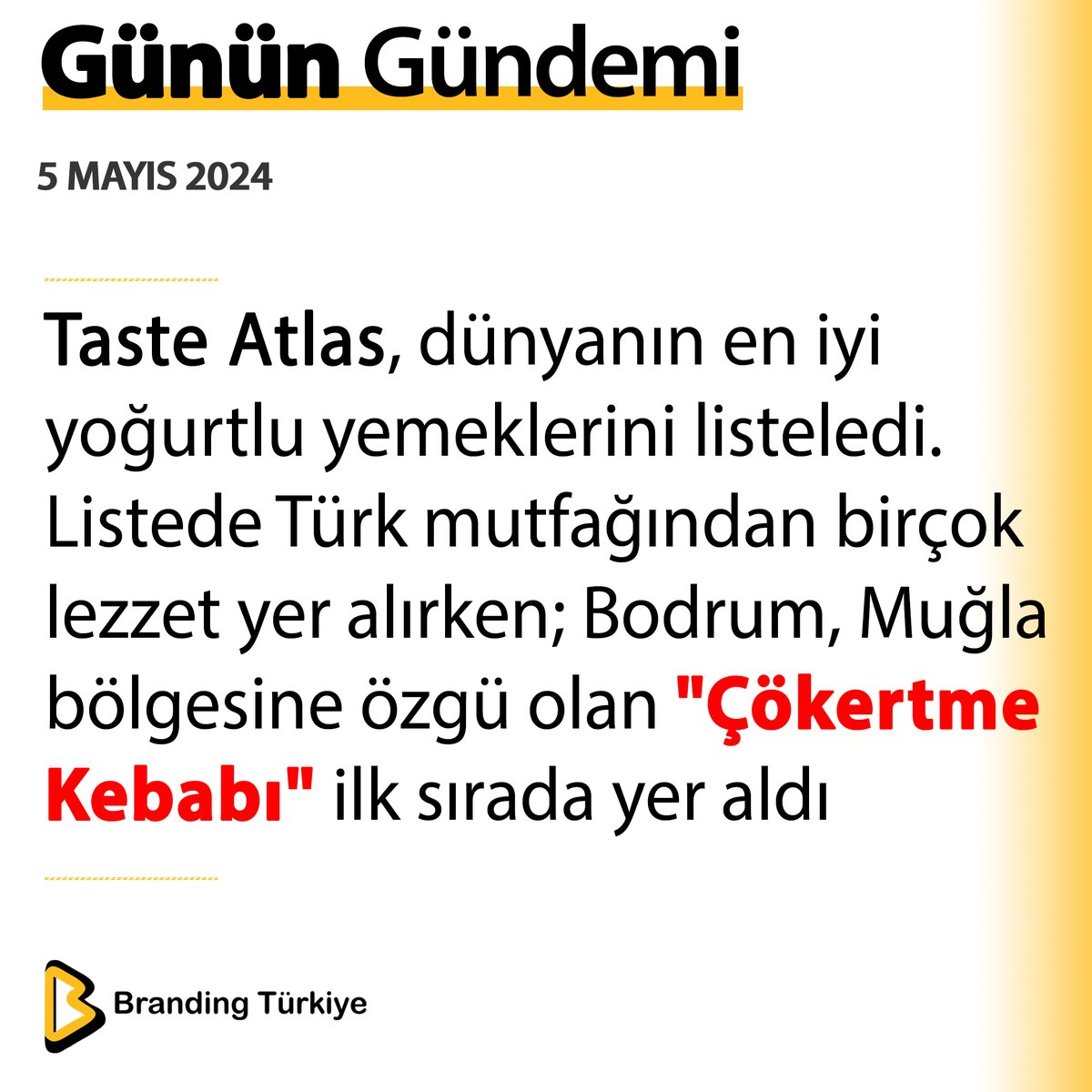 #5Mayıs2024

Taste Atlas, dünyanın en iyi yoğurtlu yemeklerini listeledi. 

▶ brandingturkiye.com
#BrandingTürkiye #Haberler #TasteAtlas #Yemek #ÇökertmeKebabı #Bodrum #TürkMutfağı #Gastronomi #Muğla #Yoğurt #SonDakika