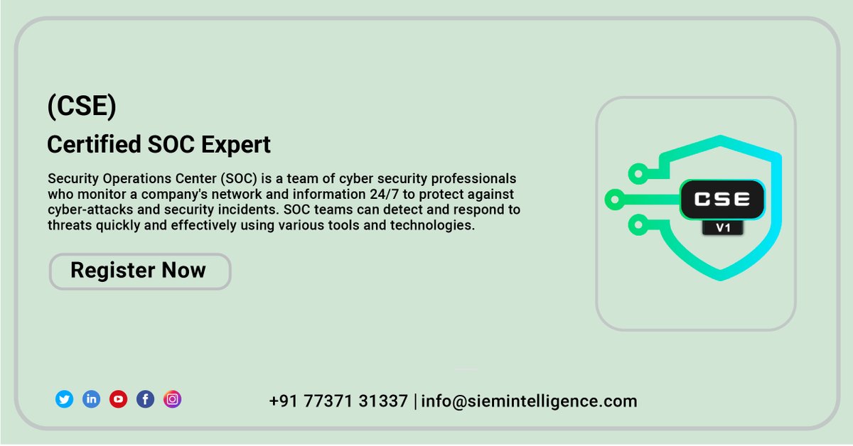 siem_intel's tweet photo. Master the art of Security Operations Center (#SOC) with SIEM Intelligence's live online training. Dive deep into #cybersecurity concepts and advanced techniques like #forensic analysis and threat intelligence. Join our free demo: https://t.co/GrjvfoHwk4. #freedemo #soctraining https://t.co/wLDiqBtBUw