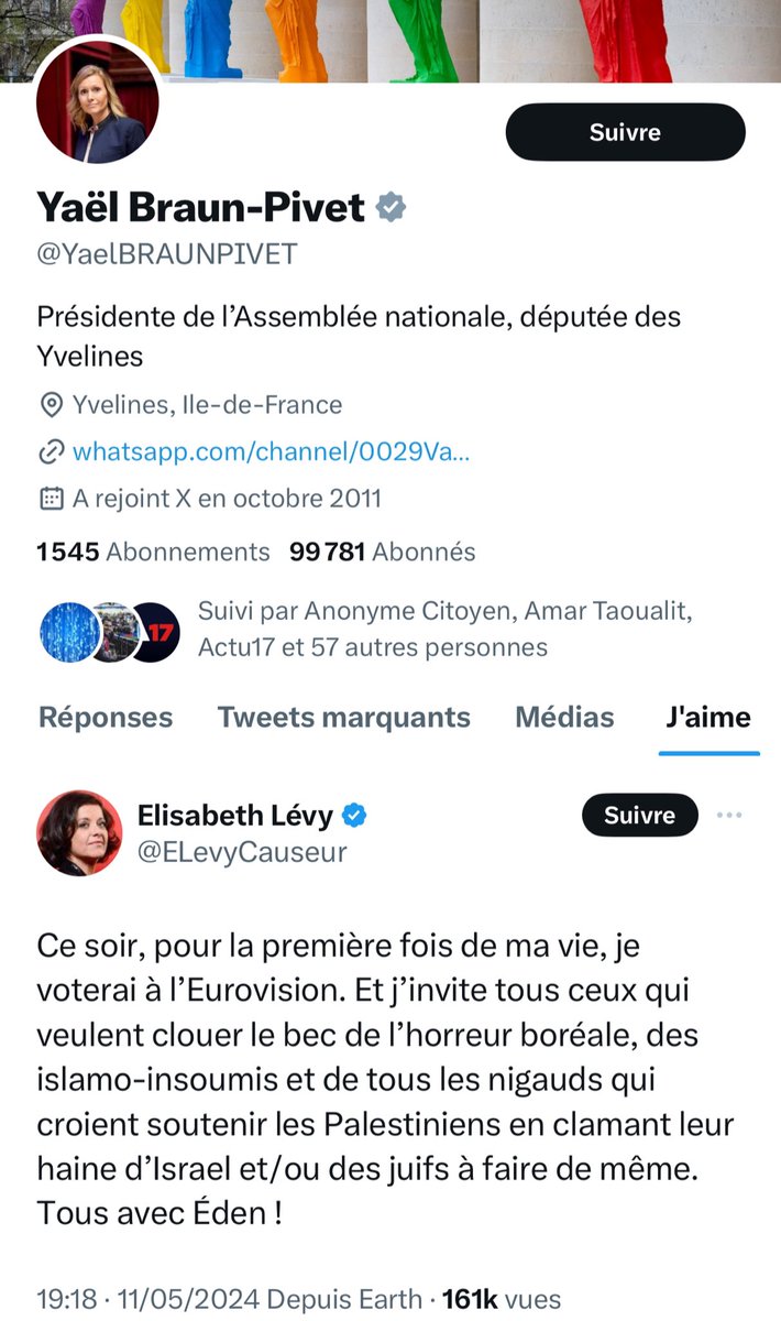 🇫🇷 FLASH | La Présidente de l’Assemblée nationale, Yaël Braun-Pivet, a 'liké' un tweet de la polémiste d’extrême-droite Élisabeth Lévy appelant à voter pour Israël à l'#Eurovision2024 pour 'clouer le bec des islamo-insoumis'.