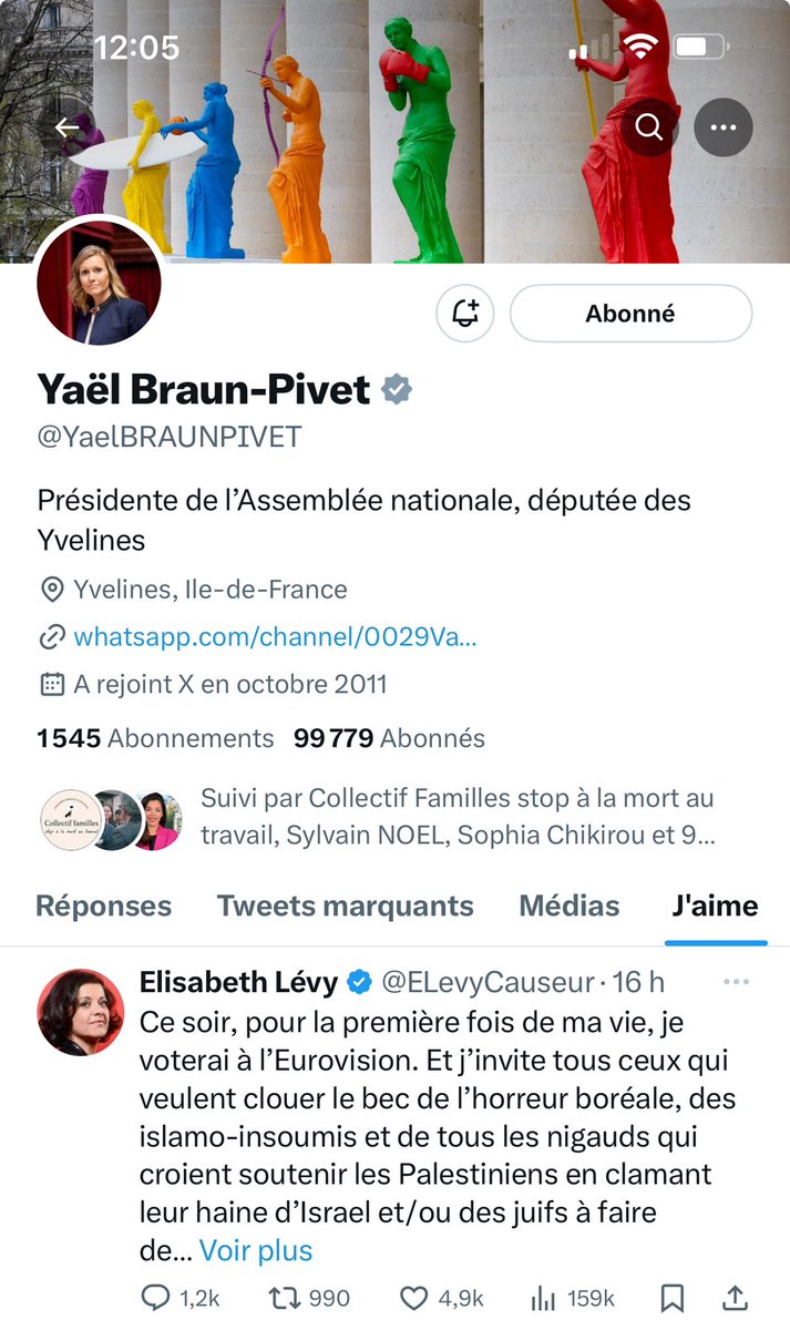 La Présidente de l’Assemblée nationale @YaelBraunPivet 'like' un  tweet d’une chroniqueuse d’extrême-droite, Élisabeth Levy, qui dit vouloir « clouer le bec des islamo-insoumis ». L’alliance des soutiens au génocide du peuple palestinien s’affiche au grand jour. 

#Eurovision2024