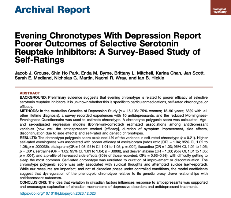 うつ病の成人15,000人を対象とした研究によれば、「夜型」の人は「朝型」の人に比べて、抗うつ薬であるSSRIが効きにくいことが明らかになった。クロノタイプが夜型の傾向が強い人ほど、SSRIの効果を感じにくいようだ。概日リズムが抗うつ薬に影響を与えるかもしれない興味深い研究(n = 15,108)