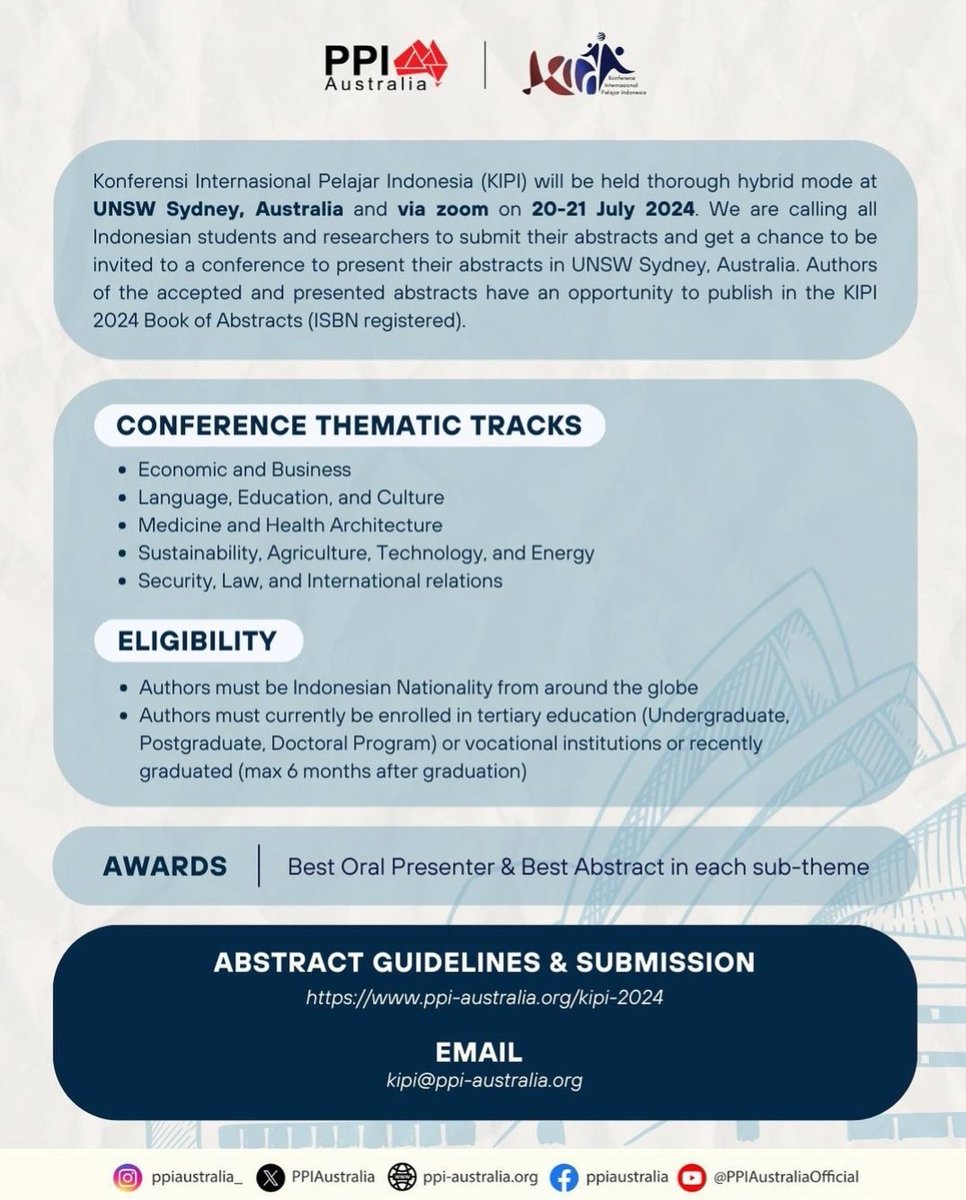 The 9th International Indonesian Student Conference will be held on 20-21 July 2024, and we invite YOU to submit YOUR ABSTRACT: Choose out of five Conference Thematic Tracks and submit before 1 June 2024‼️

For more details, scan the qr code or check out our website listed below!