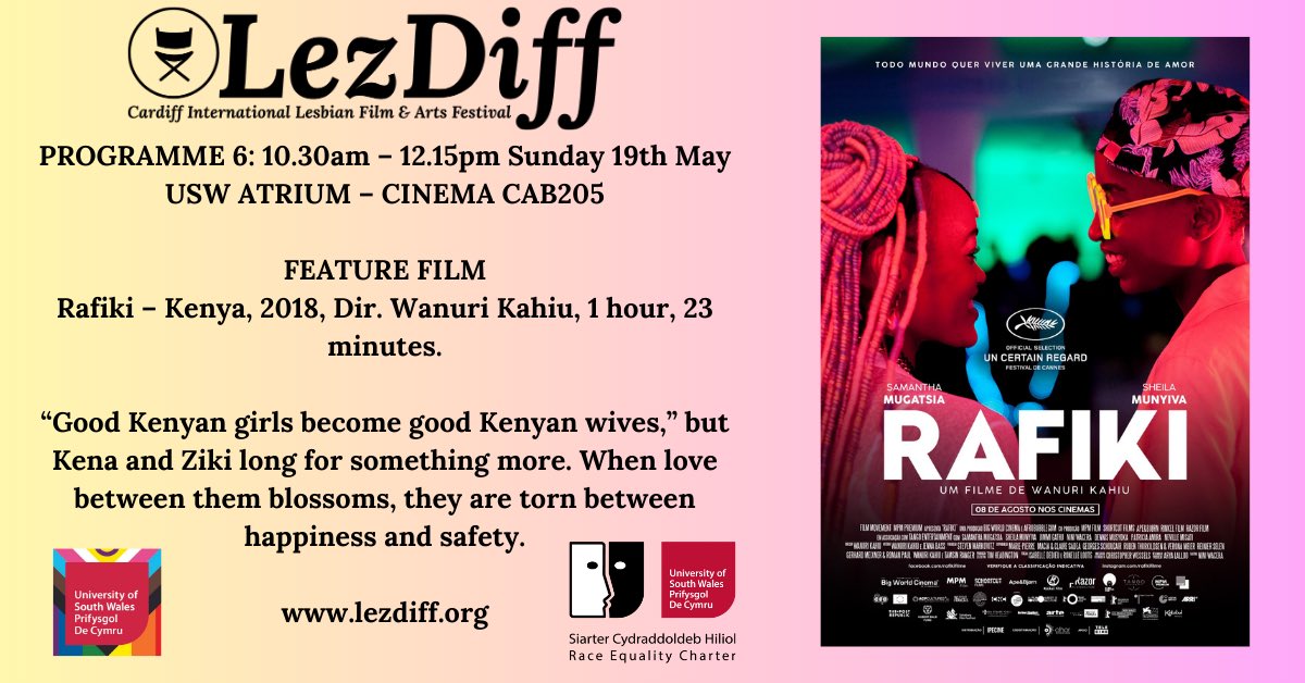 Can’t wait to screen this beautiful film at LezDiff next weekend. Rafiki was the first Kenyan film selected to screen at Cannes, where it premiered in Un Certain Regard! It’s a real treat. 

10.30am, Sunday 19th May at Atrium, USW, Adam Street, Cardiff! 

lezdiff.org/feature-film-r…