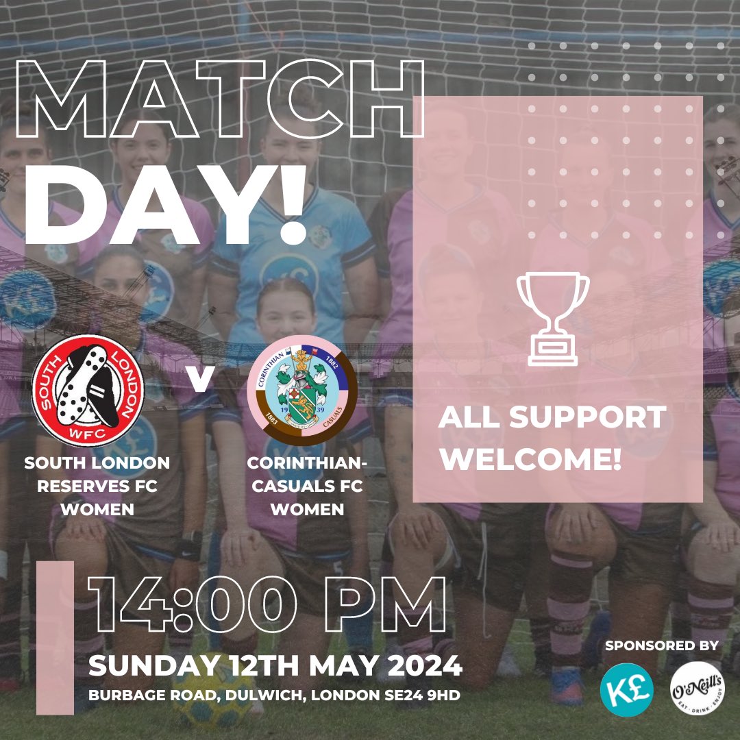 The final match of the season has come and the sun is shining for us! ☀️ Let's finish strong CCFC Women! 💪⚽️

Corinthian-Causals FC Women’s VS South London Reserves FC Women

Kick off starts at 2pm ⏰ @ Burbage Road, Dulwich, London SE24 9HD📍

#VaiCorinthians #finalmatch