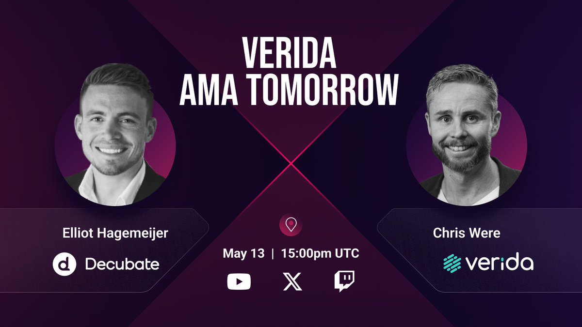 🎙 AMA Alert: Discover the Future with @Verida_io's Decentralized Data Solutions! Join us as Decubate's CEO Elliot teams up with Chirs Were from Verida, tomorrow at 3 PM UTC for a thrilling AMA session! 👉 Engage & Win: Curious about Verida's innovative technology? Post your